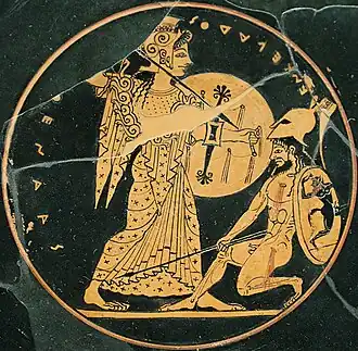 Attic red-figure kylix showing Athena slaying the Giant Enceladus (c. 550–500 BC). In the myth, she crushed Enceladus under the island of Sicily.