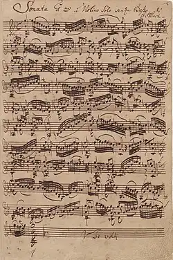 Musical score written by Bach of one of his violin sonatas