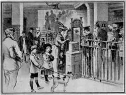 Sketch of a group of people at an underground railway station. A young woman in fashionable clothes is putting a ticket in a box as she prepares to go through a gate. A uniformed inspector looks on while two children with a dog wait for their turn with tickets in hand. Other people are visible in the background.