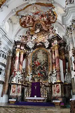 Rococo reinterpretations of the Corinthian order at the high altar in the abbey church of Ottobeuren, Germany, by Johann Michael Fischer, 1748–1754[24]