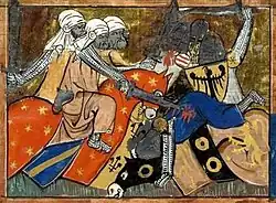 Three bearded horsemen wearing a turban fighting with three knights