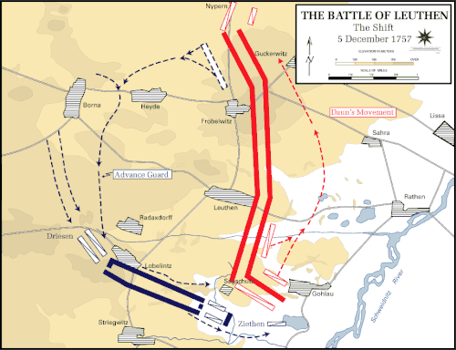 Map showing Prussian movement to the south of Leuthen, preparing to encircle the Austrians