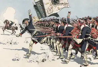Watercolour illustration of Prussian infantry advancing at the Battle of Mollwitz
