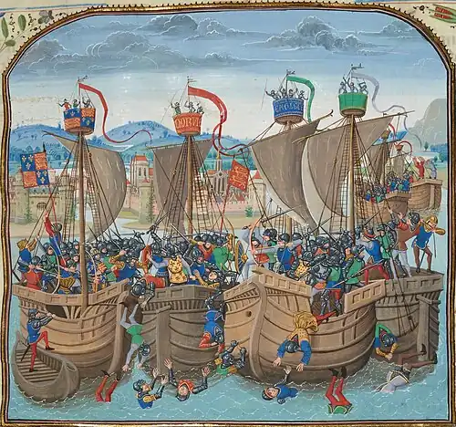 A colourful medieval depiction of a naval battle
