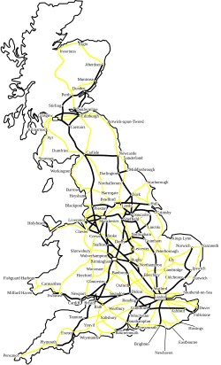 A map showing the closures of the Beeching cuts. It is mostly yellow iwth some black. Some cities have multiple yellow lines, and Wales, on the left, is almost entirely full of yellow lines