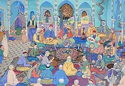 Musicians play sitting cross-legged on rich oriental rugs in a tiled room; men watch them, some accompanied by children, as a woman and two children descend a staircase in the background, and a servant brings tea.