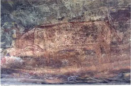 Rock painting dated to 8,000 - 3,000 BCE depicting a humpless bovine.[44][45]