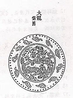 A drawing depicting a design inside of a circle, with that circle inside of a larger circle. The inner circle design contains a dragon curled in on itself, surrounded by flame. The outer circle contains a ring of small, isolated clouds spaced equally from each other.