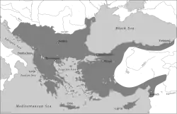 The Byzantine Empire at the death of Manuel I Komnenos in 1180.