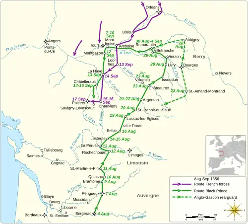 a map showing the route of the Black Prince's division during the campaign and dates of visits to various places, and similar for King John&nbsp;II's army