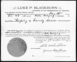 A document with a seal in the bottom left corner, signed by Blackburn, granting a pardon to an individual