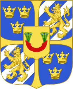 Royal coat of arms, created by King Karl in 1448. It has served as template for Sweden's greater coat of arms since.