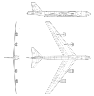 Three-view line drawing of the Boeing B-52H Stratofortress