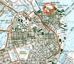 A scanned color map. The area around North End Beach and Charlestown Bridge is circled in red.