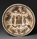 Mina'i bowl of enthroned ruler with attendants and horsemen, a favorite theme in late Seljuq and post-Seljuq art.[158]