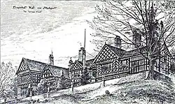 A sketch of the exterior of the side of a large building atop a hill with a tree in the foreground.