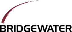 Image of Bridgewater Associates logo. Letters for Bridgewater are capitalized in a black sans serif font. Over the name there is a red curve emerging from the letter B and ending half way across the name (in the sky like a firework that explodes to the right).