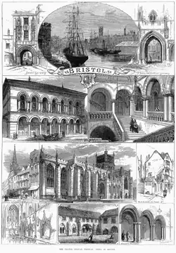 An engraving showing at the top a sailing ship and paddle steamer in a harbour, with sheds and a church spire. On either side arched gateways, all above a scroll with the word "Bristol". Below a street scene showing pedestrians and a horse-drawn carriage outside a large ornate building with a colonnade and arched windows above. A grand staircase with two figures ascending and other figures on a balcony. A caption reading "Exterior, Colston Hall" and Staircase, Colston Hall". Below, two street scenes and a view of a large stone building with flying buttresses and a square tower, with the caption "Bristol cathedral". At the bottom views of a church interior, a cloister with a man mowing grass and archways with two men in conversation.