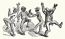 Four blackface performers making exaggerated movements with arms and legs.