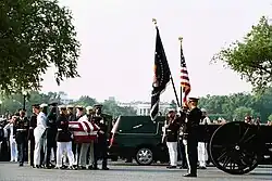 The casket of former president Ronald Reagan is transferred from a hearse to a caisson at 16th Street and Constitution Avenue in Washington, D.C. on June 9, 2004.