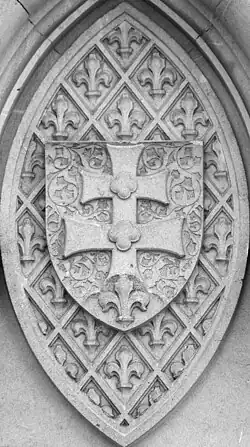 Coat of arms of King Louis I the Great (1364). Wall relief on the courtyard of Bojnice Castle.