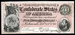 Portrait on the 1864 Confederate $500 banknote; Jackson was the only general featured on Confederate currency[114]