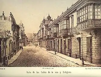 Colonial Calles de la Oca and de Bodegones (Lima) in 1866 by Manuel A. Fuentes and Firmin Didot, Brothers, Sons & Co. University of Chicago Library.[34]