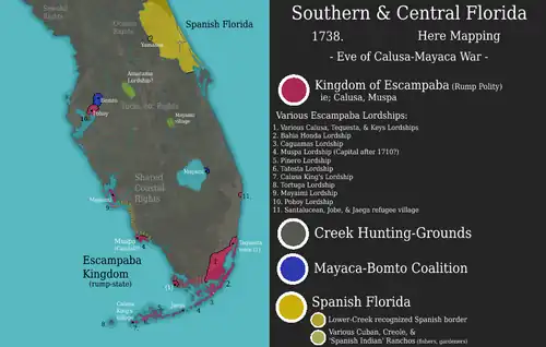 A colored map showing the polities in the lower half of the Florida peninsula in 1738