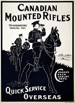 A recruitment poster for the Canadian Mounted Rifles, stating "Quick Service Overseas". In the foreground is a man in military dress on a horse, with other men and horses in the background.