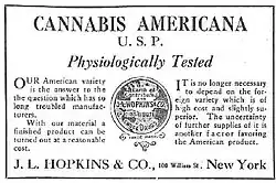 An advertisement for cannabis americana distributed by a pharmacist in New York in 1917