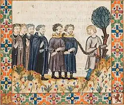 Miniature of the Cantiga #275 depicting two monks hospitaller with rabies being carried before St. Mary of Terena[155]