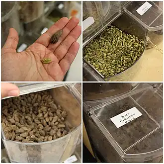 Labeled varieties of cardamom in storage containers