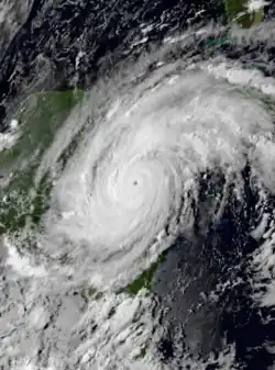 Black-and-white image of Hurricane Carmen near the Yucatán Peninsula