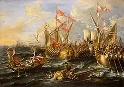 Oil painting showing various soldiers engaged in a naval battle as one ship sinks in the foreground