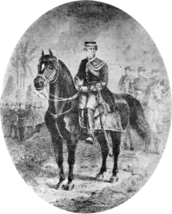 Drawing depicting a figure in military dress uniform and kepi mounted on a black horse with marching and mounted figures in the background
