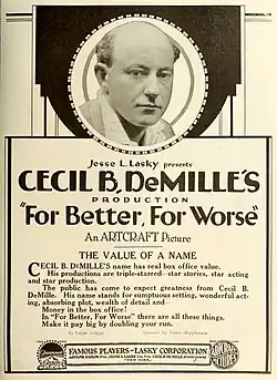 Sepia toned advertisement for "For Better, For Worse" with a headshot of DeMille at the top