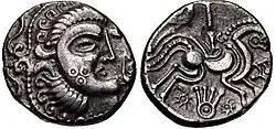 Gaul, Armorica coin showing stylized head and horse (Jersey moon head style, c. 100&nbsp;– c. 150 BC)