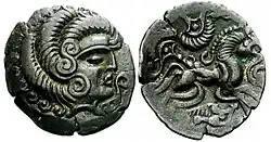 Gaul, Curiosolites coin showing stylized head and horse (c. 100&nbsp;– c. 150 BC)