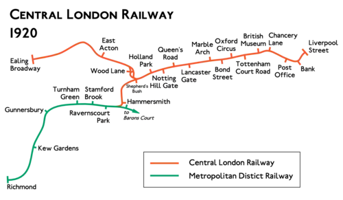 Route diagram showing the railway running from Ealing Broadway at left to Liverpool Street at right, with branch heading from Shepherd's Bush to the bottom left to connect to existing route to Richmond at Hammersmith