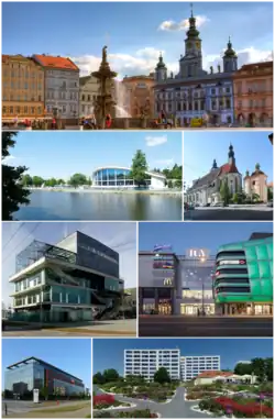 From top: Přemysl Otakar II. Square, city swimming stadium, Cathedral of St. Nicholas, Máj centre, IGY shopping centre, Faculty of Arts of the University of South Bohemia, regional hospital