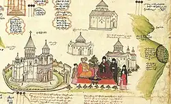 Ararat depicted vertically (right) on a 1691 map by Eremya Çelebi along with Etchmiadzin Cathedral and other churches of Vagharshapat.[204]