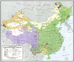A demographic map of China shaded by region to indicate different language families and minority groups.