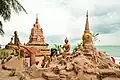 Sand stupas at Bang Saen during Wan Lai 2018. Creating sand sculptures, such as stupas and Buddha images, is a traditional activity that forms part of Wan Lai, the eastern-style Songkran celebration