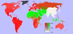 A 2006 map of the relative proportion of Christianity (red) and Islam (green) in each country