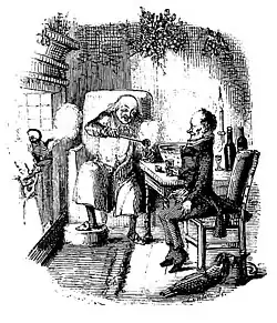 Black and white drawing of Scrooge and Bob Cratchit having a drink in front of a large fire