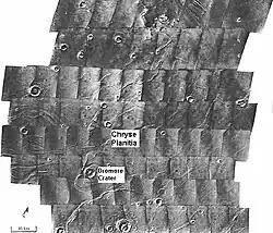 Scour patterns, located in Lunae Palus quadrangle, were produced by flowing water from Maja Valles, which lies just to the left of this mosaic. Detail of flow around Dromore crater is shown on the next image.