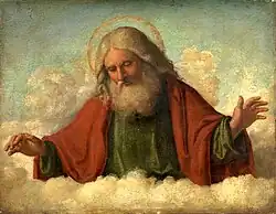 Painting of a bearded man with gray hair above the clouds looking downwards