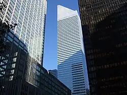 A set of three glass and steel buildings. From left to right are 399 Park Avenue, Citigroup Center, and the Seagram Building.