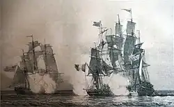 Drawing by Morel-Fatio depicting the battle between Clarisse and the American Louisa and Mercury (Morel-Fatio depicts Clarisse as a three-masted ship).