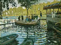 La Grenouillére 1869, Metropolitan Museum of Art, New York; a small plein-air painting created with broad strokes of intense colour.[51]